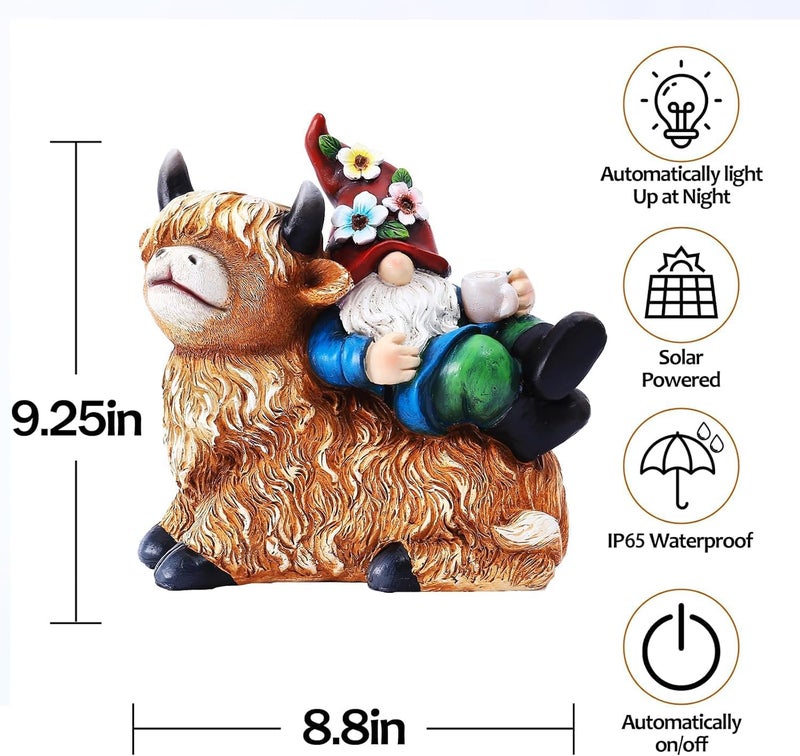 Pohabery Garden Gnomes Decor Outdoor Statues Gnome on Highland Cow Hold Solar Cup Light Outdoor Decorations for Patio,Yard and Gift for Mom - Image 2